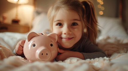 Close up of a happy child girl holding a piggy bank  at home