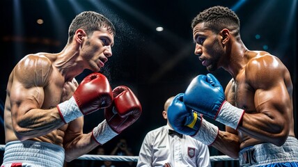 Two men in boxing ring, facing each other, ready to fight. One man is wearing red gloves and the other is wearing blue gloves.