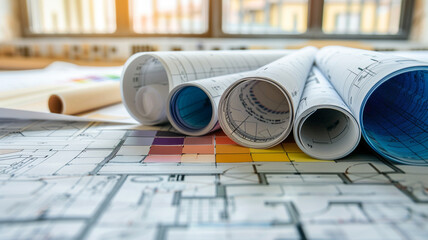 Close up of color swatches and blueprints for interior design with architectural drawings