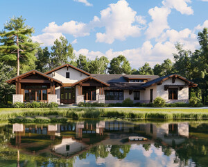 Obraz premium Front view of a newly constructed craftsman style olive house with brown accents, by a tranquil lake.