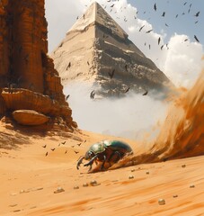Obraz premium scarab beetle in desert with golden coins