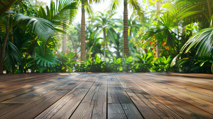 Empty wooden floor with a tropical garden and palm trees in the background