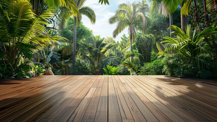 Empty wooden floor with a tropical garden and palm trees in the background