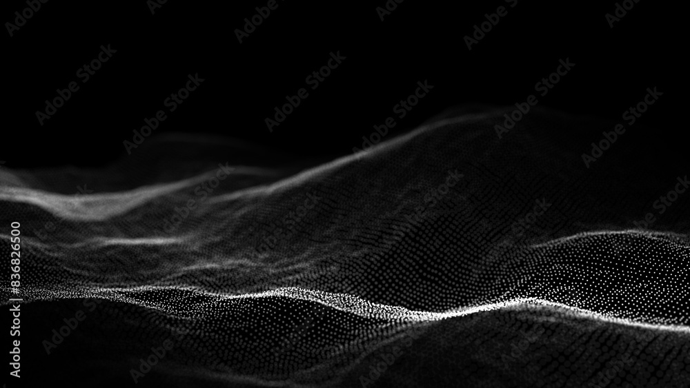 Leinwandbilder Black wave of particles. Big data visualization. Abstract background with a dynamic wave. 3d rendering.