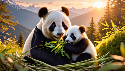A panda with its baby panda sitting on mountain beautiful view