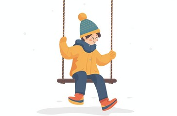 Young child in a winter outfit enjoying a swing ride outdoors. Dressed warmly with a hat, scarf, and gloves. Snow gently falling.