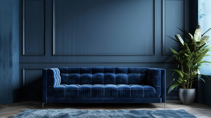 Modern interior design of dark blue color with velvet sofa