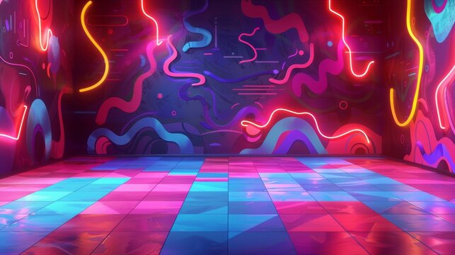  vibrant floor and wall background with neon accents and bold graphics for a lively promotion ad.