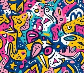 Vibrant Whimsical Cartoon Doodle Pattern with Playful Abstract Shapes and Contrasting Bright Colors