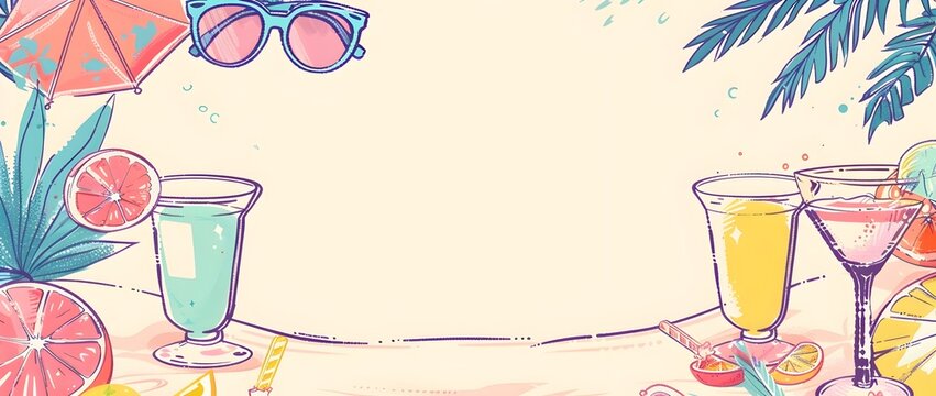 Vibrant Whimsical Doodle Border Design with Tropical Cocktails and Retro Sunglasses for Summer Mockup Template