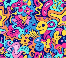 Whimsical Cartoonish Seamless Pattern of Doodle Style Shapes in Bright Cheerful Colors with Vibrant Hues and Organic Hand Drawn Textures for a Fun