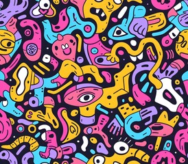 Whimsical Doodle Mosaic of Playful Shapes and Vibrant Colors in a Seamless Pattern Design