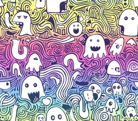 Fototapeta premium Whimsical Monochrome Doodle Pattern with Vibrant Rainbow Gradient Backdrop Playful Sketchy Shapes and Quirky Abstract Characters in a Contemporary