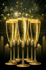A group of five champagne glasses are lit up with a bright light, creating a festive and celebratory atmosphere