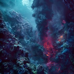 Underwater volcanic eruption scene showcasing vibrant corals, glowing lava, and deep ocean depths, captured in stunning detail and vivid colors.