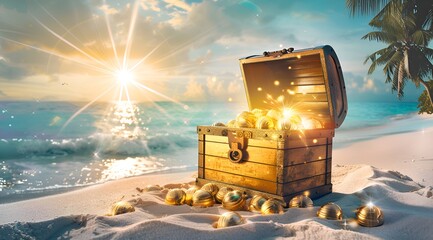 A treasure chest full of gold coins is sitting on the beach. The sun is shining brightly, creating a warm and inviting atmosphere. The scene evokes feelings of adventure and excitement