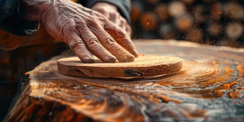 Close-up of a craftsman's hand sanding wood, showcasing detailed woodworking techniques and craftsmanship.