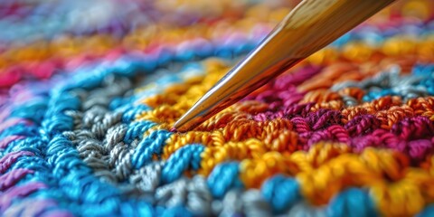 Close-up of a colorful crochet pattern with a wooden crochet hook, showcasing detailed craftsmanship and intricate design.