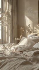 Cozy bedroom with sunlight streaming through the window. Soft, neutral tones create a calming and peaceful atmosphere perfect for relaxation.