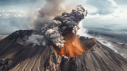 A volcano erupts with a lot of smoke and ash