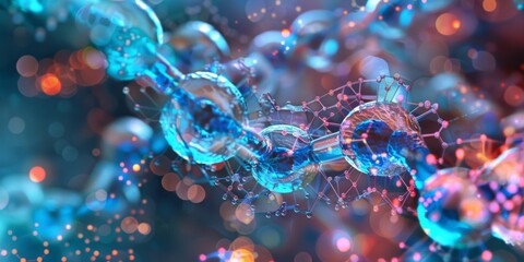 A colorful image of a chain of molecules with a blue and pink hue