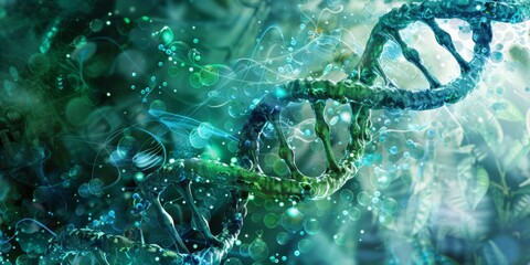 A DNA strand is shown in a green and blue color scheme