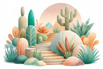 boho garden scene with stairs and dusty piles, flat minimalist shapes, bold features, subtle tonal range, tinycore charm, muted vintage pastel green and peach, whimsical minimalism in beige on white 