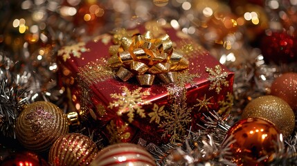 A close-up of a beautifully wrapped Christmas gift surrounded by glittering ornaments and shimmering tinsel. 