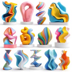 3d printed colorful abstract shapes, various forms and sizes on white background