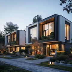 Two modern houses stand under a dusky sky, their luxurious design suggesting an ideal wallpaper or...