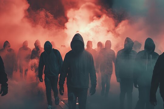 A group of people are walking through a foggy, smoke-filled area