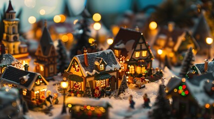 Fototapeta premium A festive holiday village scene with miniature houses, a bustling market, and joyful decorations, evoking the magic of Christmas.