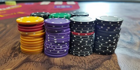 Stacked chips very high, casino blurred background, sudden wealth, close-up close-up, entertainment, relaxation, pastime time, gambling prohibited, property crisis, lifestyle habits, hobbies, 4k high-