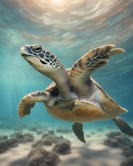 Obraz premium Captured in a photorealistic digital painting, a sea turtle swimming in the clear blue ocean, portraying the vibrant colors of the underwater world, Generative AI.
