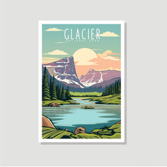 Glacier National Park poster illustration, Beautiful Mountain lake scenery and mountain goat poster design