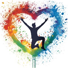 A man is jumping in a heart with colorful splatters. Concept of joy and freedom, as the man is leaping into the heart, which is a symbol of love and happiness
