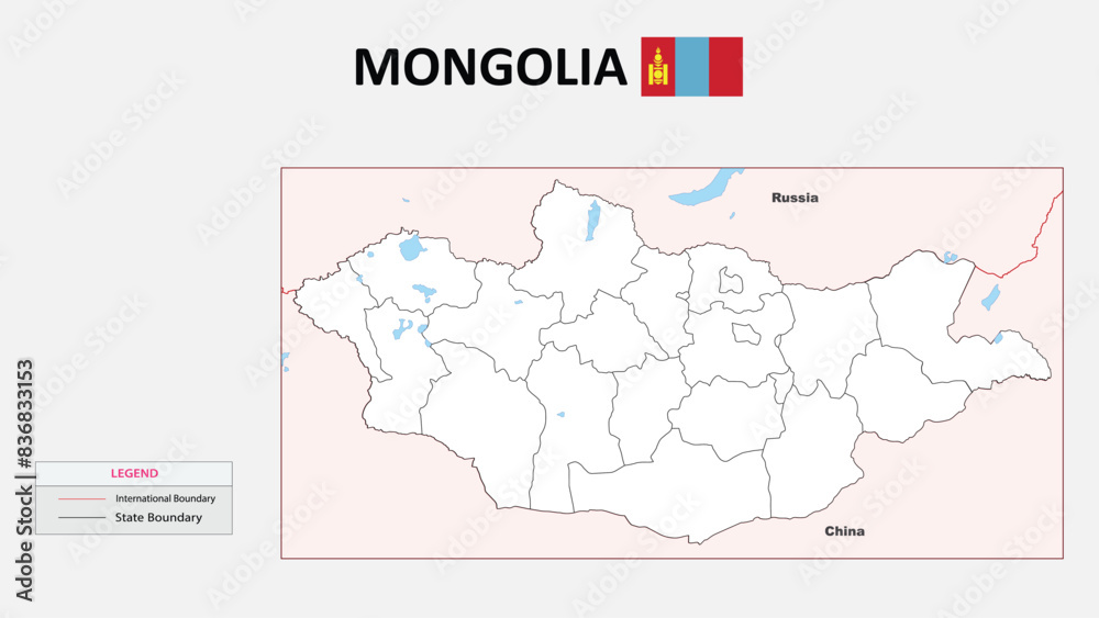 Wall mural Mongolia Map. States map of Mongolia. Political map of Mongolia with outline and black and white design.