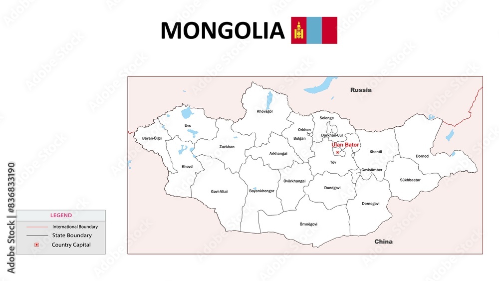 Wall mural Mongolia Map. State map of Mongolia. Administrative map of Mongolia with state and capital in white color.