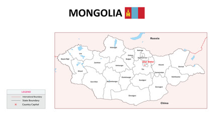 Mongolia Map. State map of Mongolia. Administrative map of Mongolia with state and capital in white color.