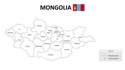 Mongolia Map. State and district map of Mongolia. Administrative map of Mongolia with states and boundaries in white color.