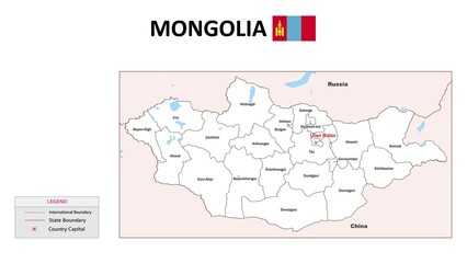 Mongolia Map. State map of Mongolia. Administrative map of Mongolia with state and capital in white color.