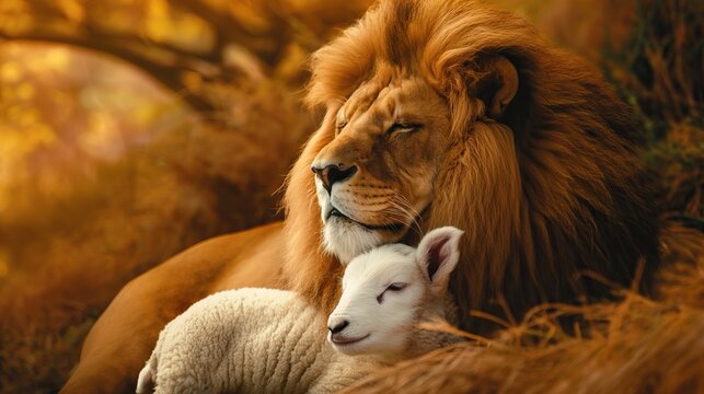 the Lamb and majestic Lion in savanna Africa, on yellow grass background. Christian concept