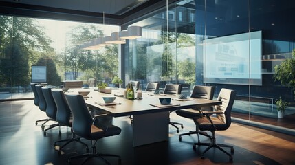 A modern conference room with sleek glass walls and minimalist furniture, bathed in natural light and equipped with state-of-the-art technology for productive meetings and presentations 