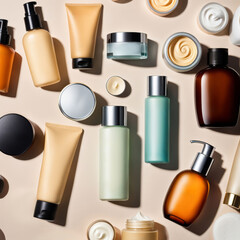 Obraz premium a variety of skincare products, including bottles, tubes, and jars, arranged on a beige surface. The products are in various shapes and sizes. a flat lay style