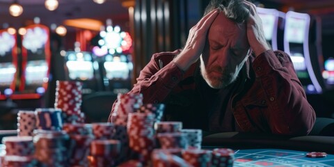 A middle-aged man sat in front of a pile of high chips, holding his head and crying, casino blurred background, entertainment, relaxation, pastime time, gambling is prohibited, gambling leads to prope