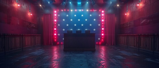 Empty Debate Stage with Patriotic Lighting.