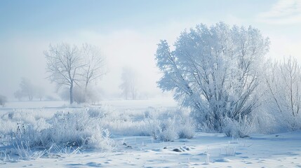Fototapeta premium Snow-covered winter landscape with frosted trees and a serene atmosphere. 