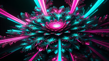 Design an abstract background featuring a fractal explosion in bright neon colors like pink, cyan, and lime green. The fractals should radiate outward from the center, with intricate, repeating patter