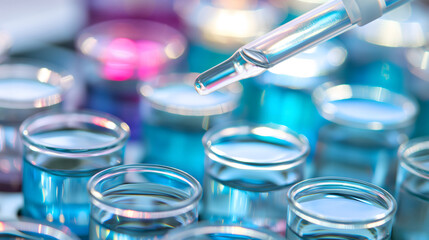 Pipette above test tubes or vials in a scientific lab. Medical biotechnology research.