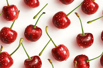 seamless background with cherries, A seamless pattern featuring cute coquette red cherries with stems, isolated on a crisp white background